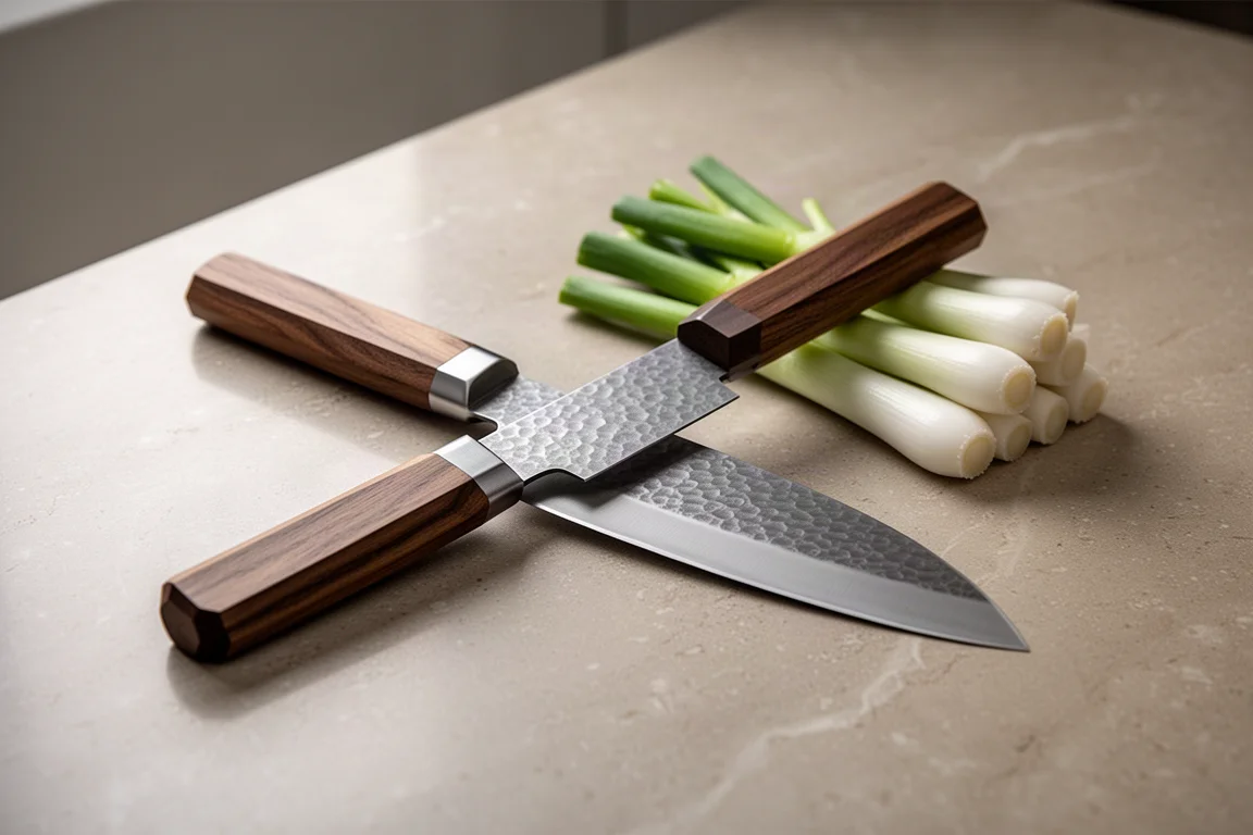 Un couteau santoku à manche octogonal en bois sur un plan de travail