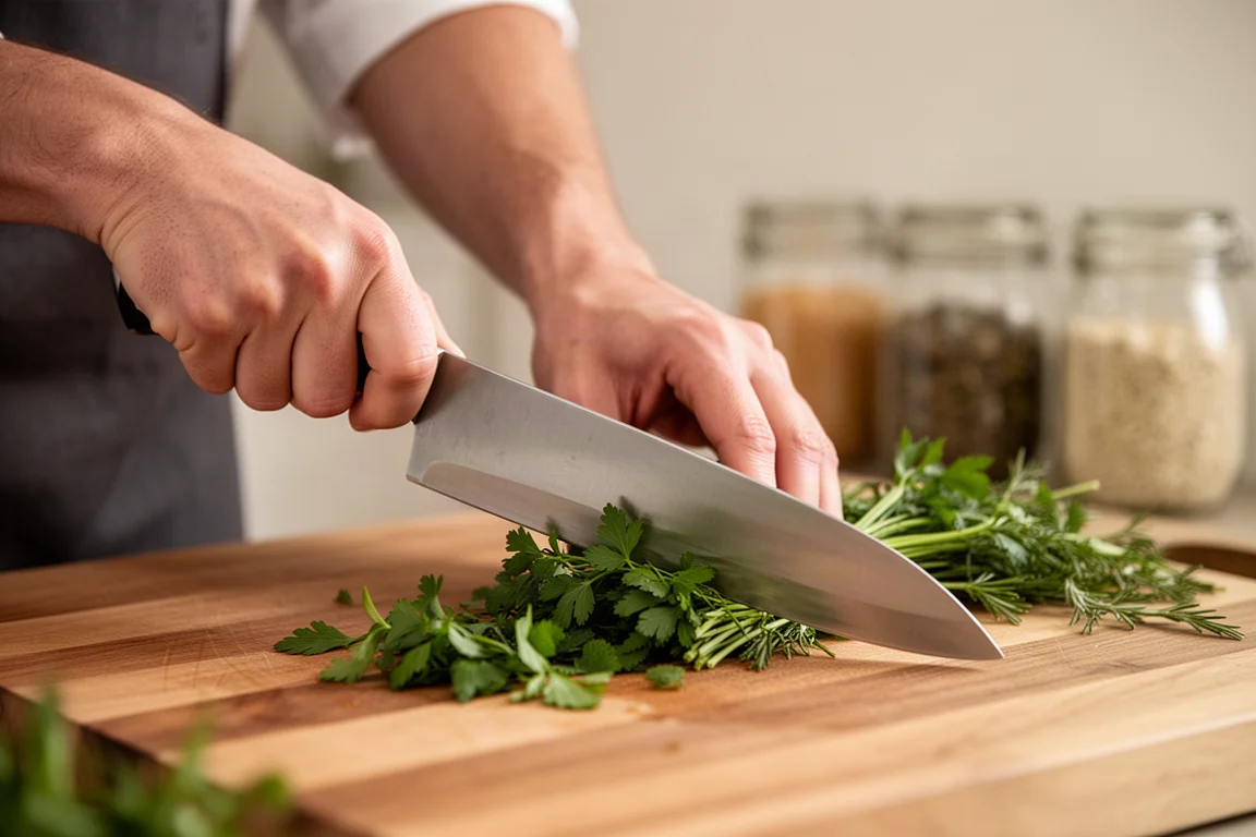 Un cuisinier amateur tranche avec un couteau gyuto sur une planche en bois sous une lumière chaude