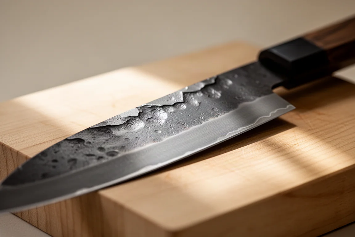 Lame de couteau japonais à finition kurouchi sombre posée sur une planche à découper en bois