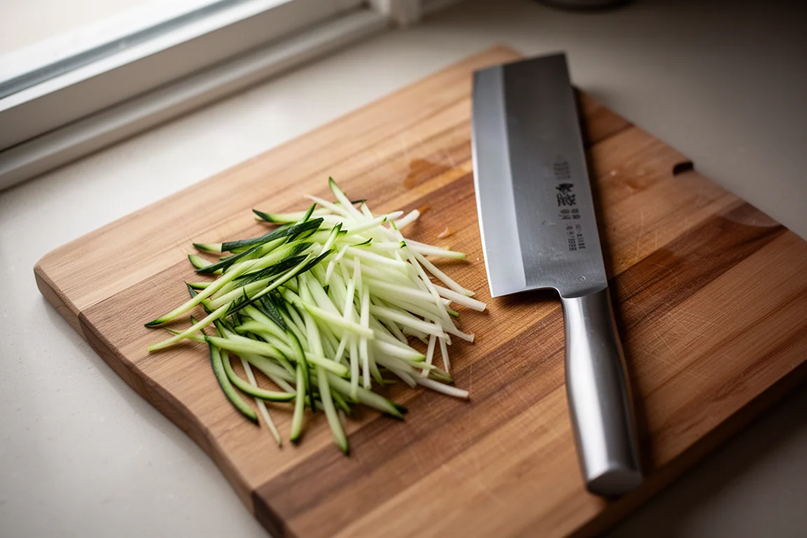 Légumes fraîchement tranchés sur une planche à découper à côté d'une grande lame nakiri