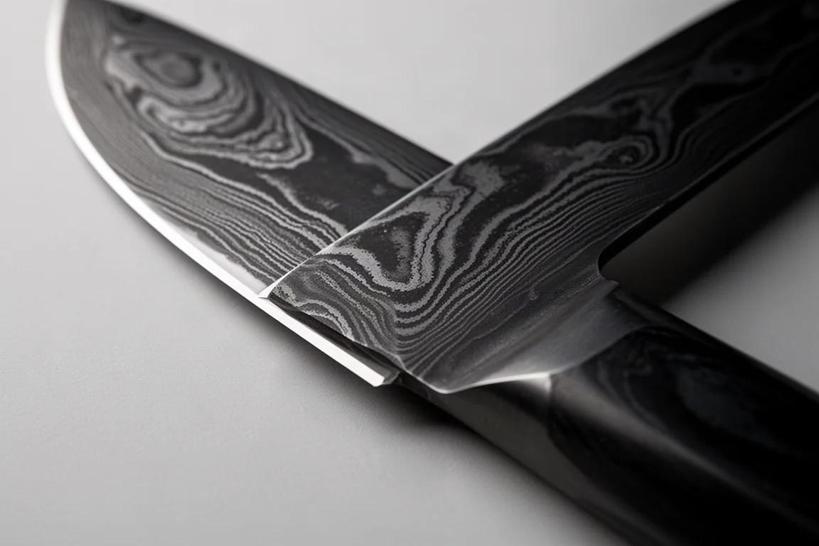 Gros plan sur le motif damassé multicouche d'une lame de gyuto