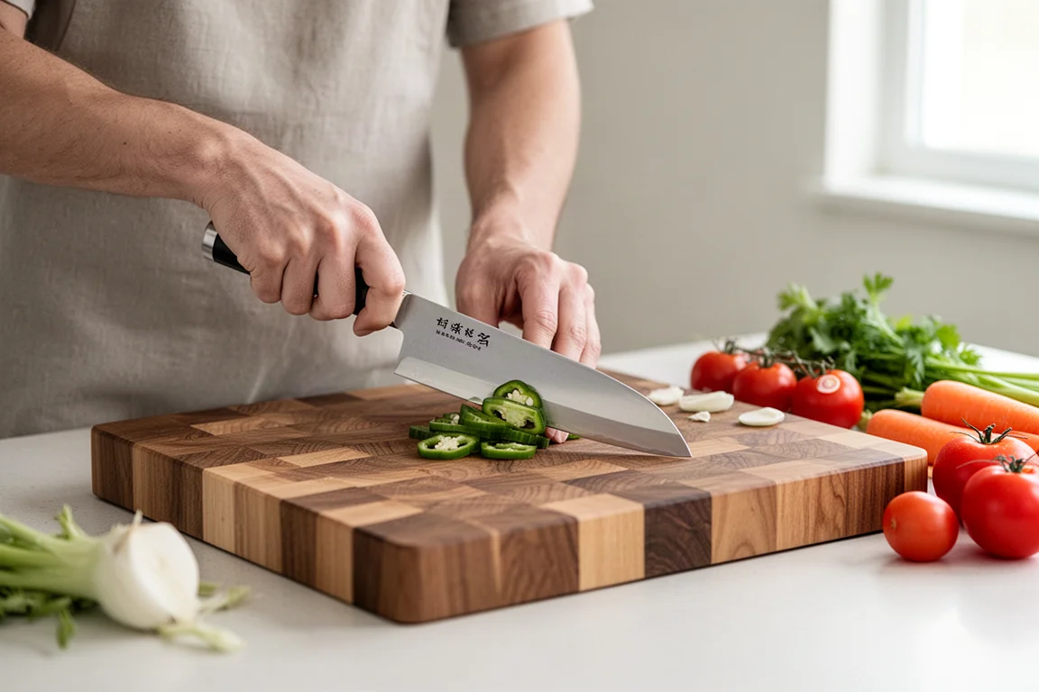 Cuisinier amateur tranchant des ingrédients sur un plan de travail lumineux