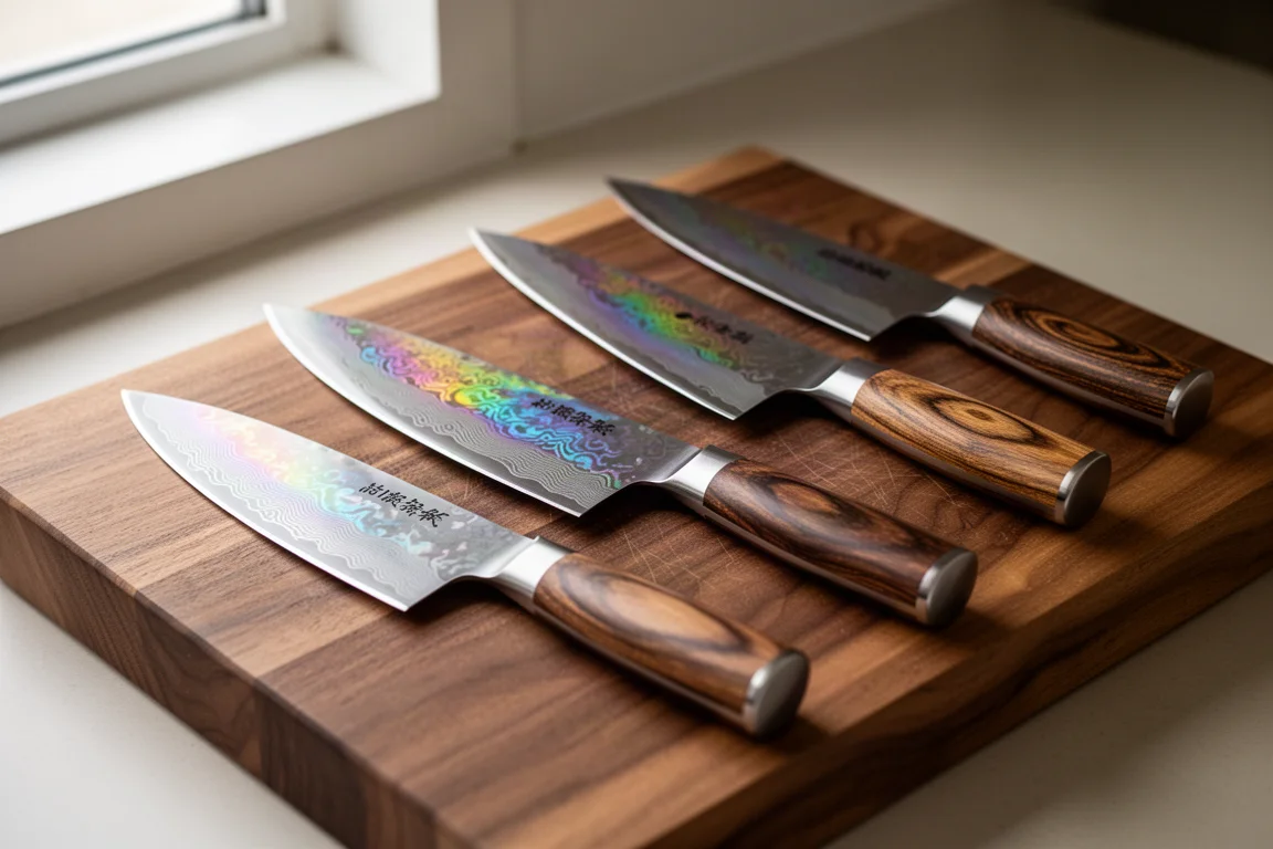 Rainbow Damascus kitchen knives laid out on a wooden cutting board