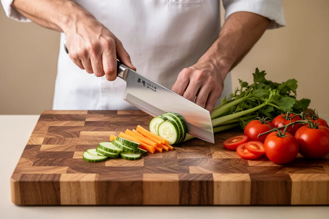 Chef slicing vegetables with a tall-bladed Japanese knife on a wooden board