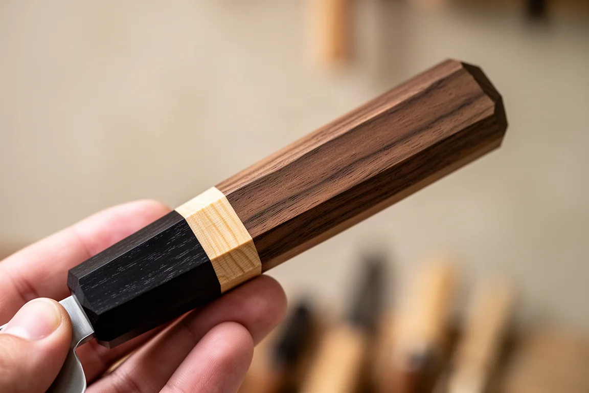 Octagonal wa handle of a Japanese gyuto held over a dim workbench