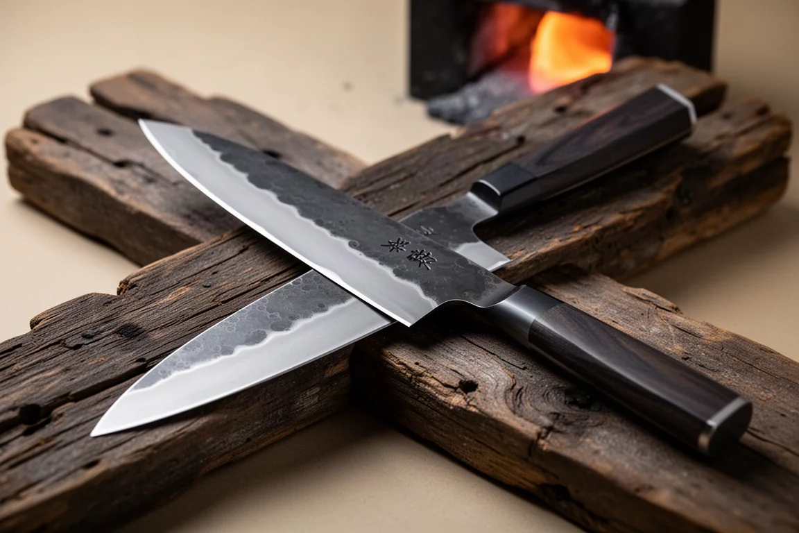 Hand-forged Japanese gyuto blades displayed on rustic wood at a knife festival