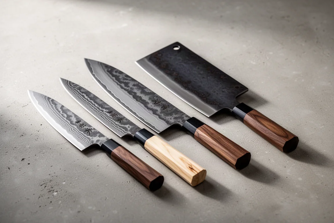 Collection of Japanese kitchen knives with Damascus blades and wooden handles on concrete