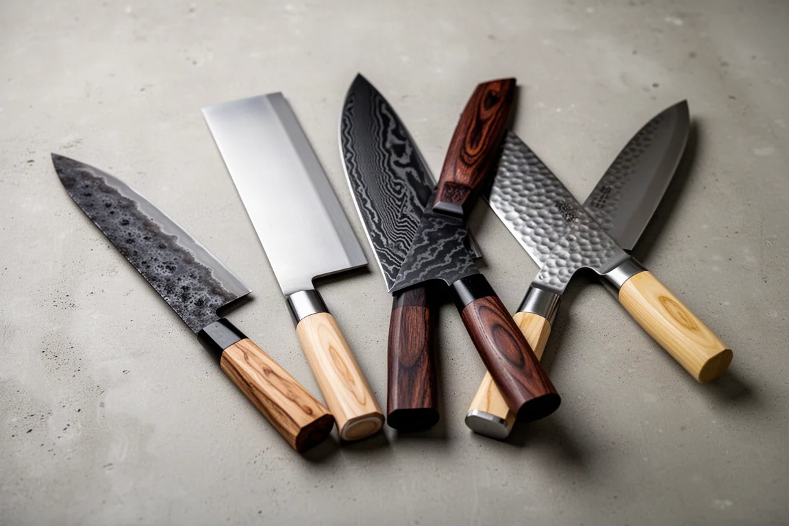 Four Japanese kitchen knives with different blade finishes arranged on a concrete surface