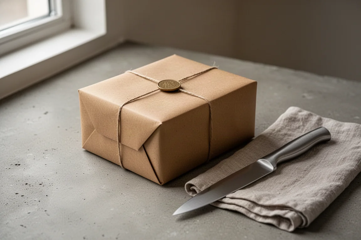 Una scatola regalo incartata con una moneta appoggiata sopra accanto a un coltello da cucina