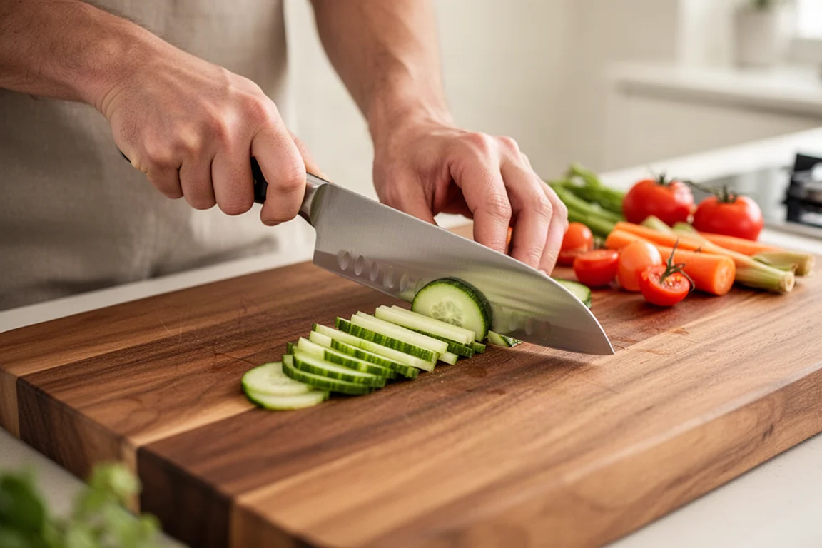 Un cuoco affetta verdure su un tagliere di legno in una cucina luminosa