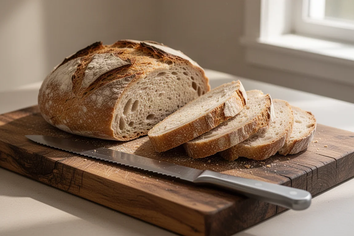 Una focaccia appena sfornata che viene affettata su un tagliere di legno