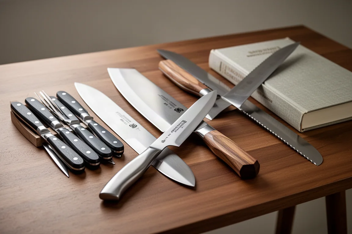 Japanese kitchen knives, steak knives, bread knife, and a book arranged as holiday gifts on a wooden table