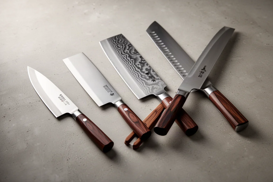 Five Japanese kitchen knives fanned out on a concrete surface