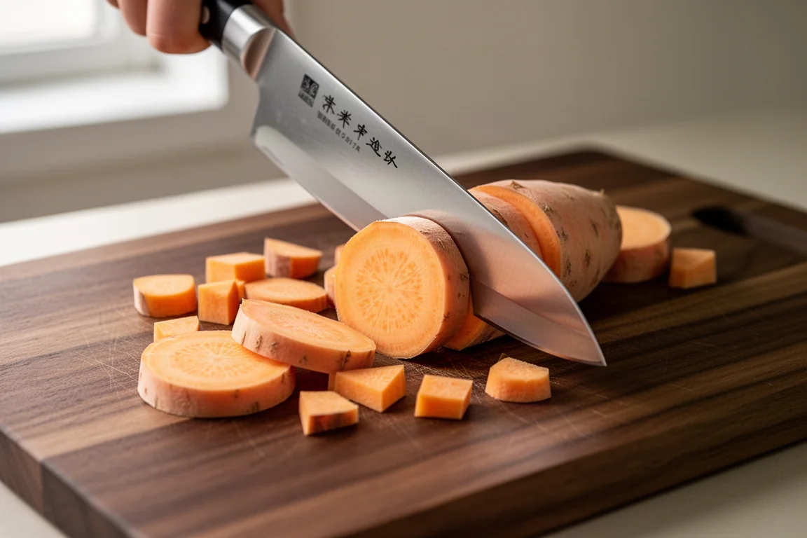 Faca santoku japonesa cortando raízes em uma tábua