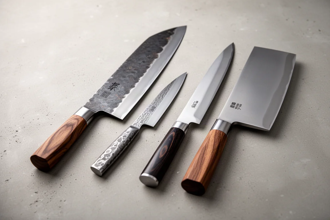 Collection of Japanese kitchen knives with wooden handles arranged on a concrete surface