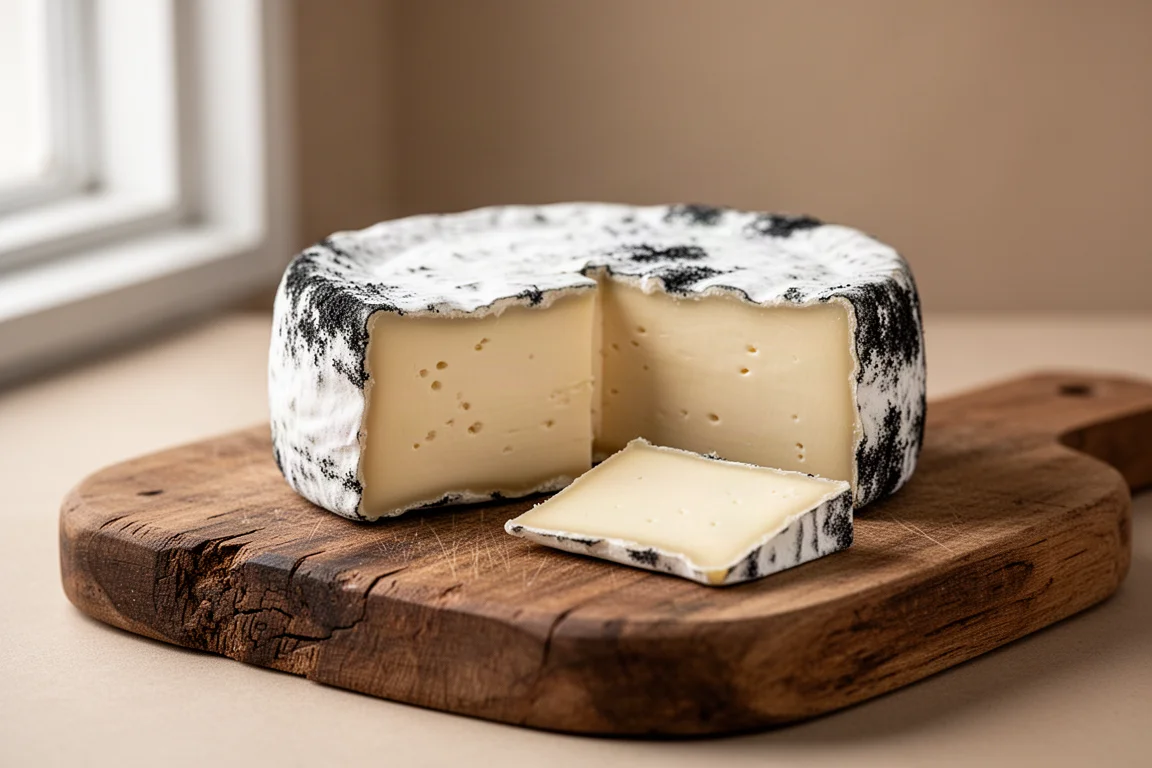 Soft bloomy-rind cheese being portioned on a wooden cutting board