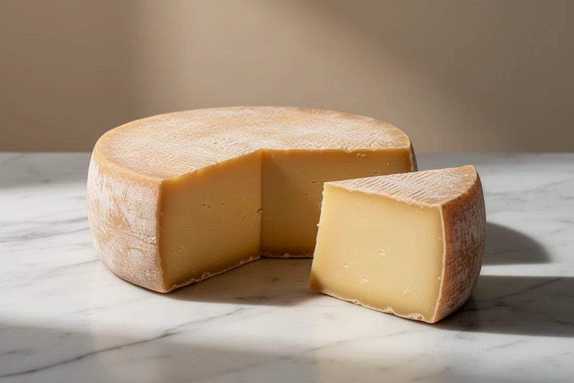 Firm aged cheese wheel with a golden paste on a marble surface