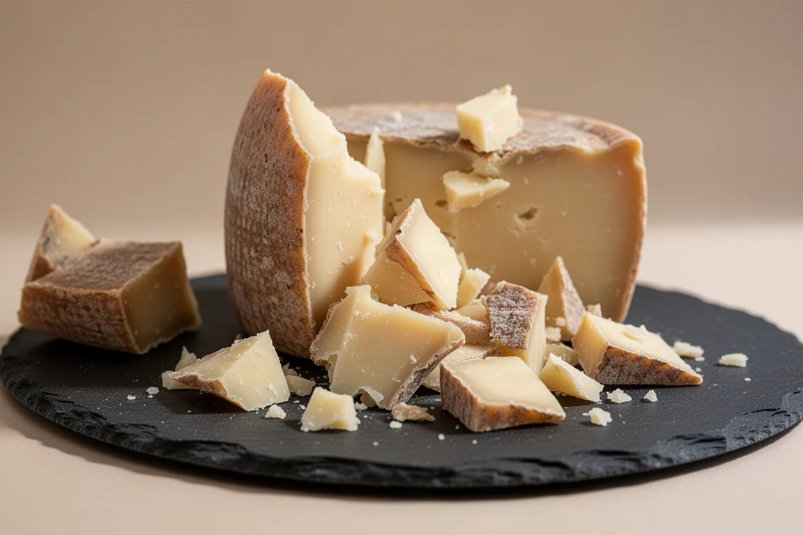 Hard aged cheese being chipped into rustic shards on a board