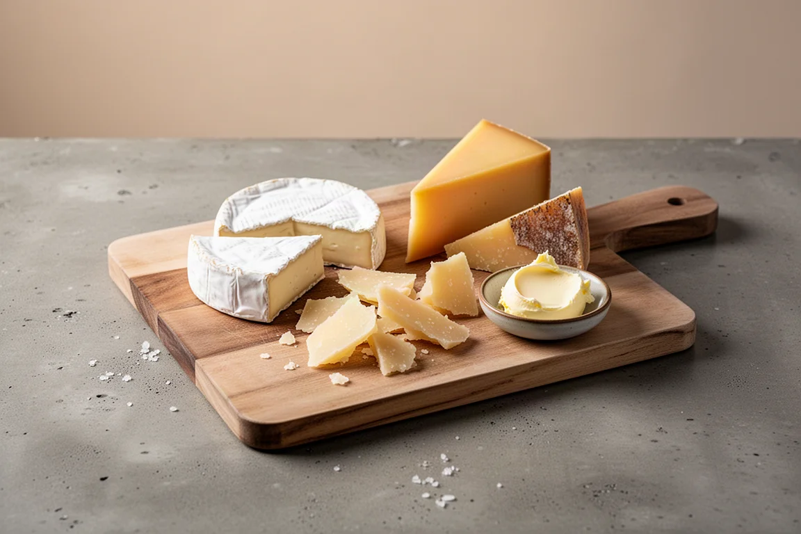 Finished cheese board with assorted cheeses arranged for entertaining