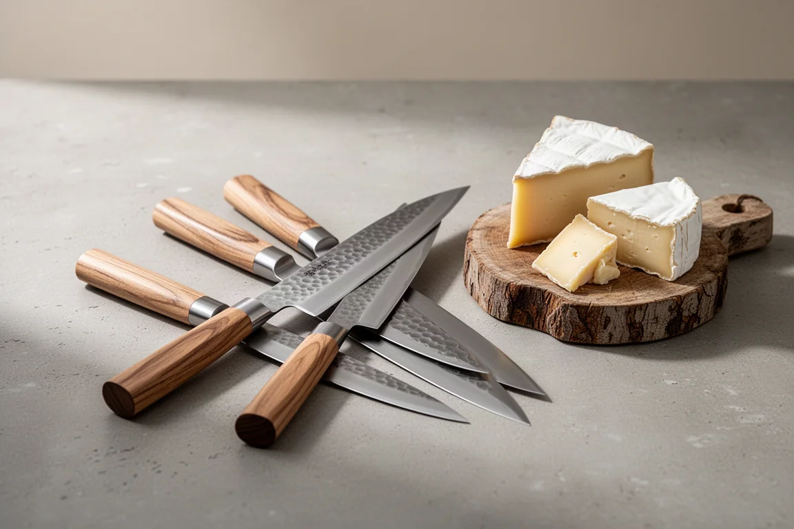 Three Japanese knives beside a cheese board with assorted cheeses