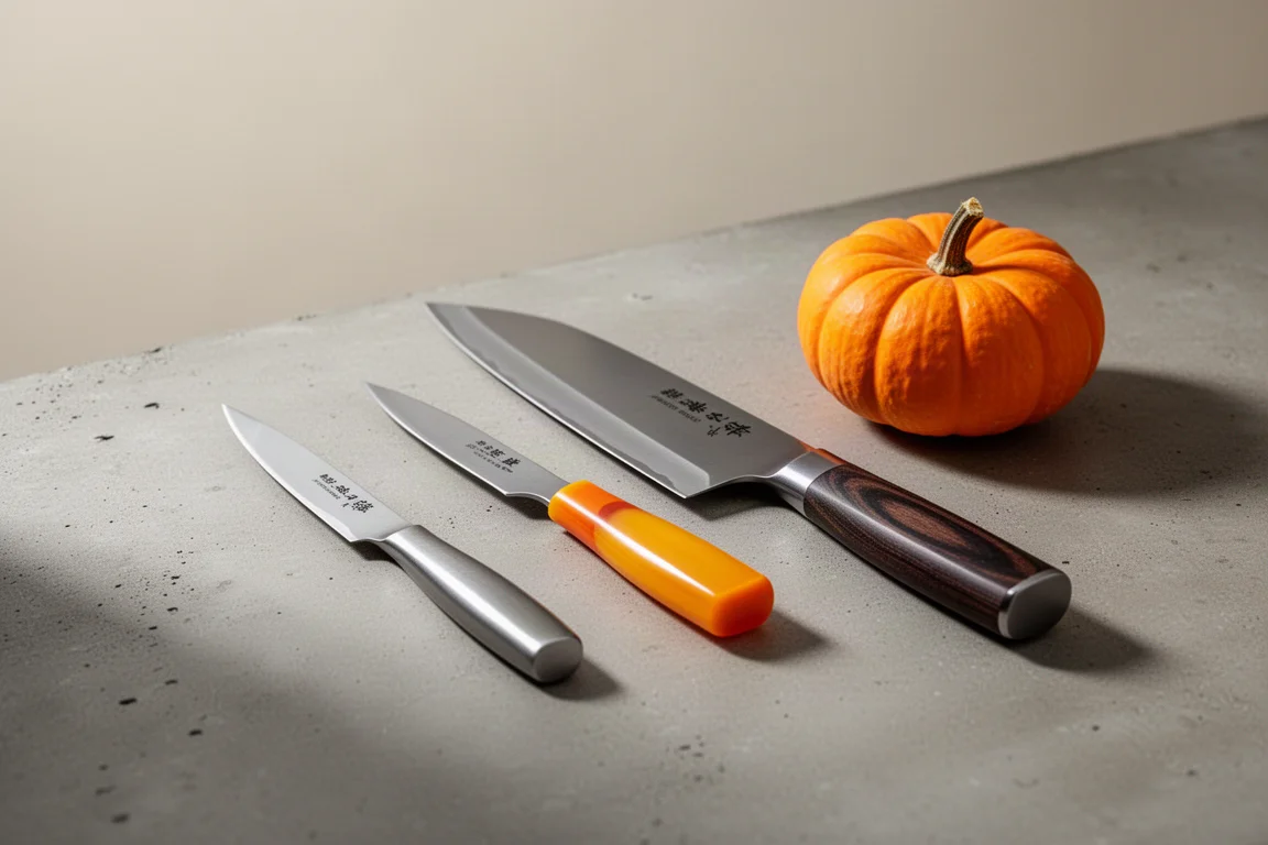 Three Japanese kitchen knives beside a small orange pumpkin on concrete
