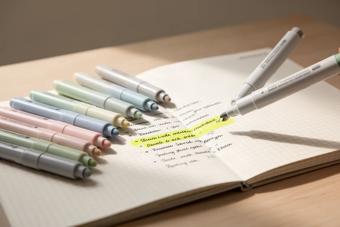 Double-sided marker pens fanned out beside an open notebook on a desk