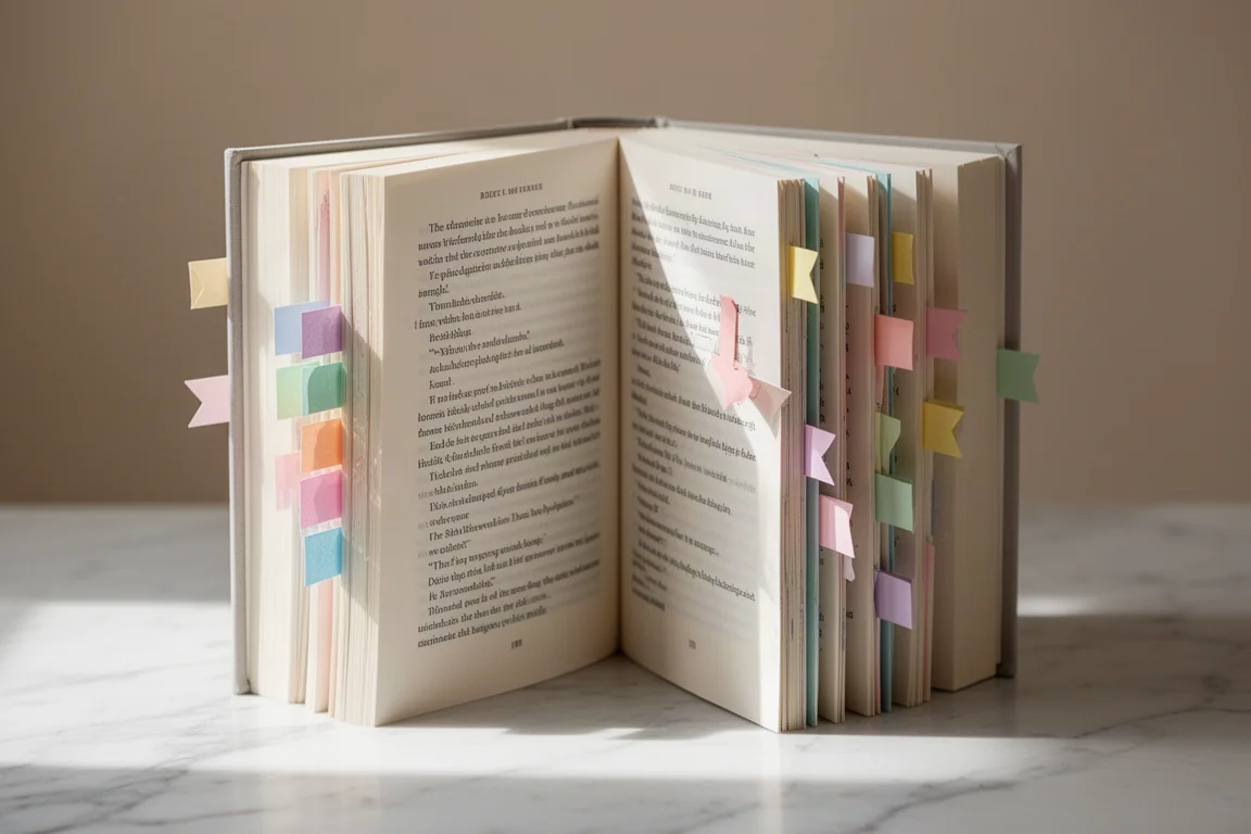 Colorful page flag tabs peeking from the pages of a book