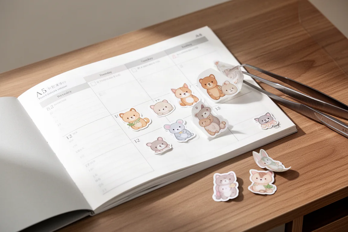 Decorative sticker sheets being peeled from a planner page