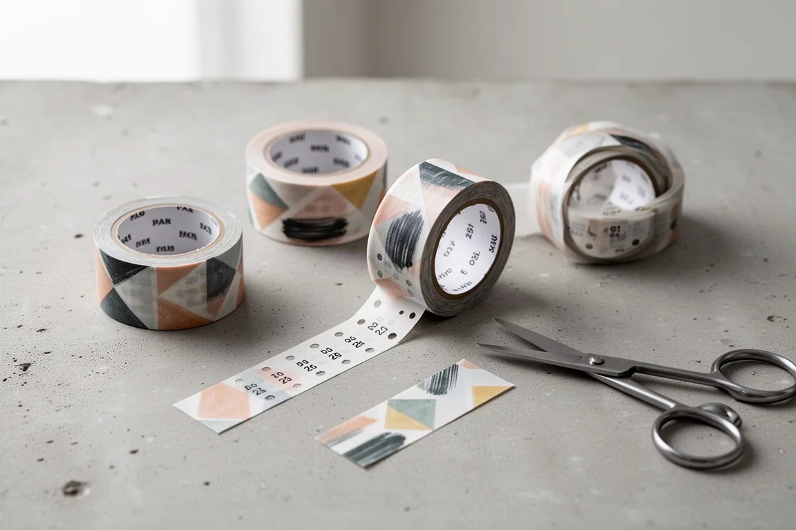 Rolls of washi tape with date and label designs beside scissors