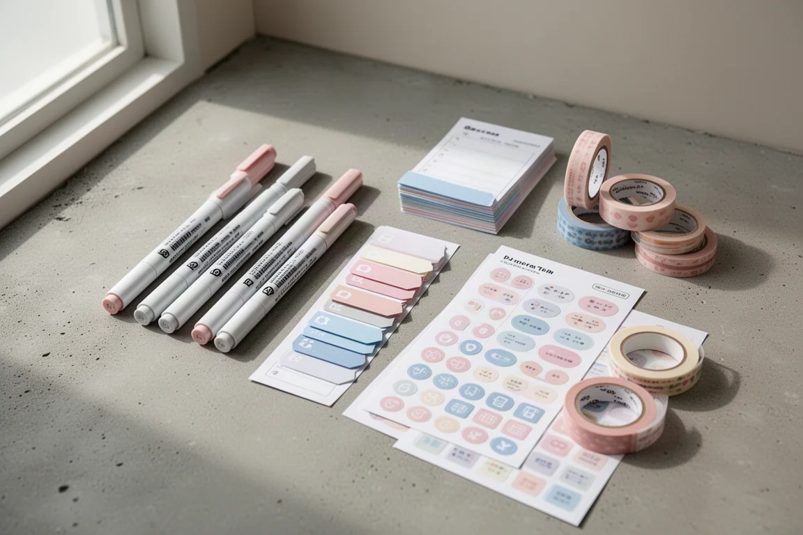 Flat-lay of markers, page flags, stickers, and washi tape on concrete