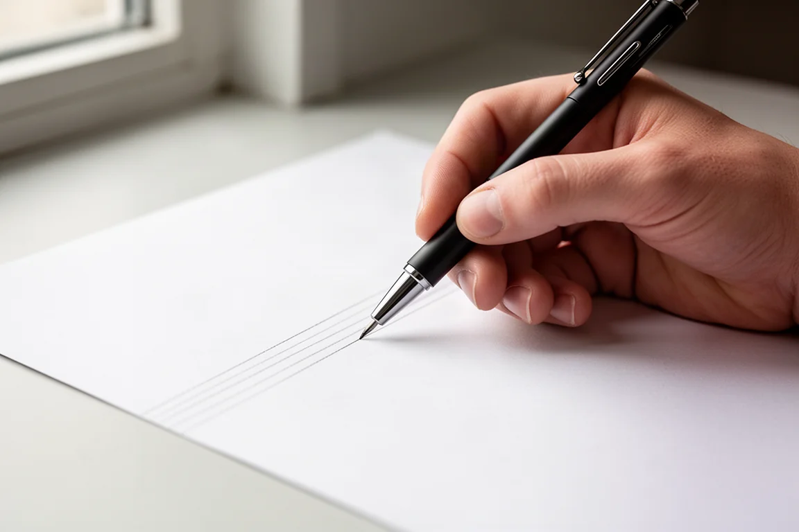 Mano che scrive linee sottili su carta con una matita meccanica affusolata