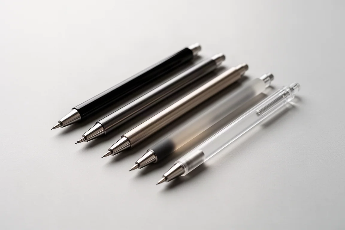 Seven slim mechanical pencils with different finishes arranged in a diagonal row