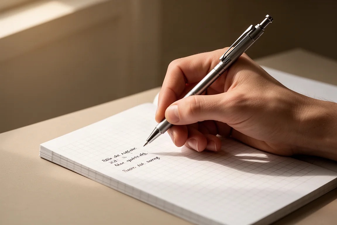 Mano che scrive note fini con una matita meccanica su carta a quadretti