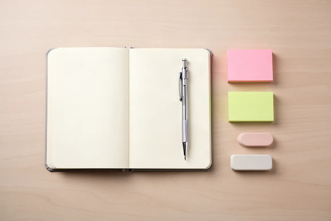 Quaderno in vista dall'alto con matita meccanica e post-it sulla scrivania