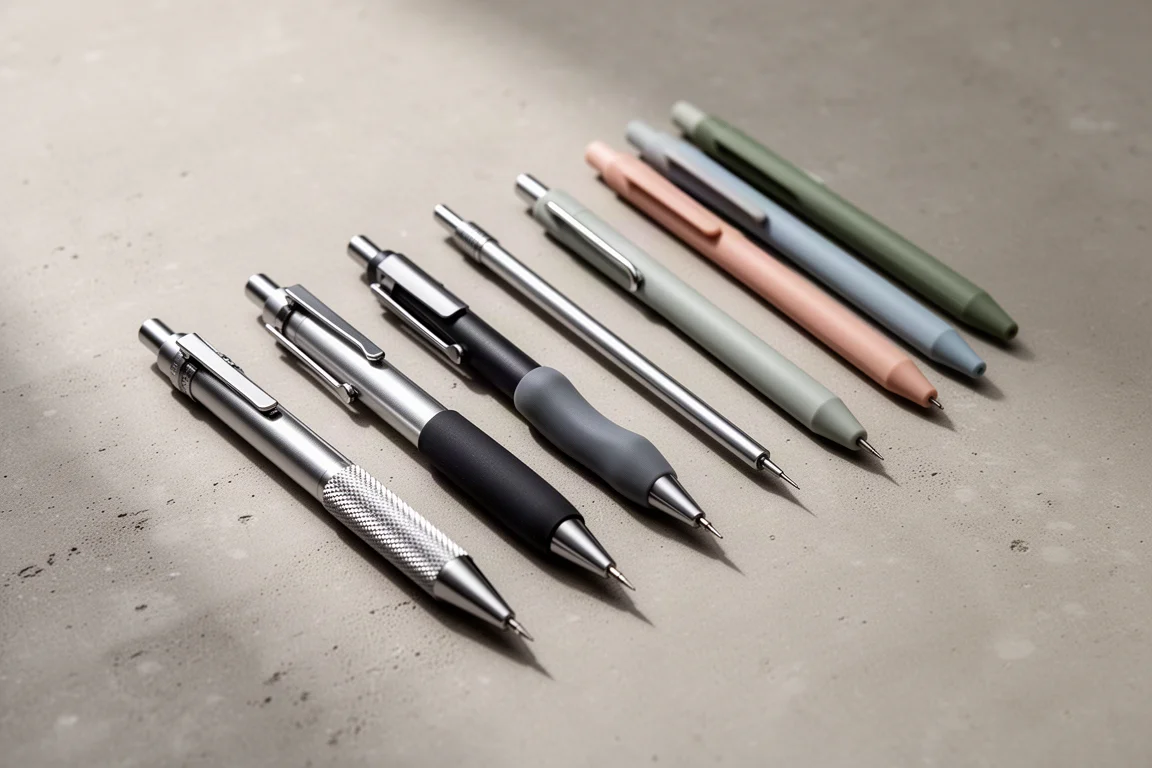 Lineup of nine mechanical pencils arranged diagonally on a concrete surface