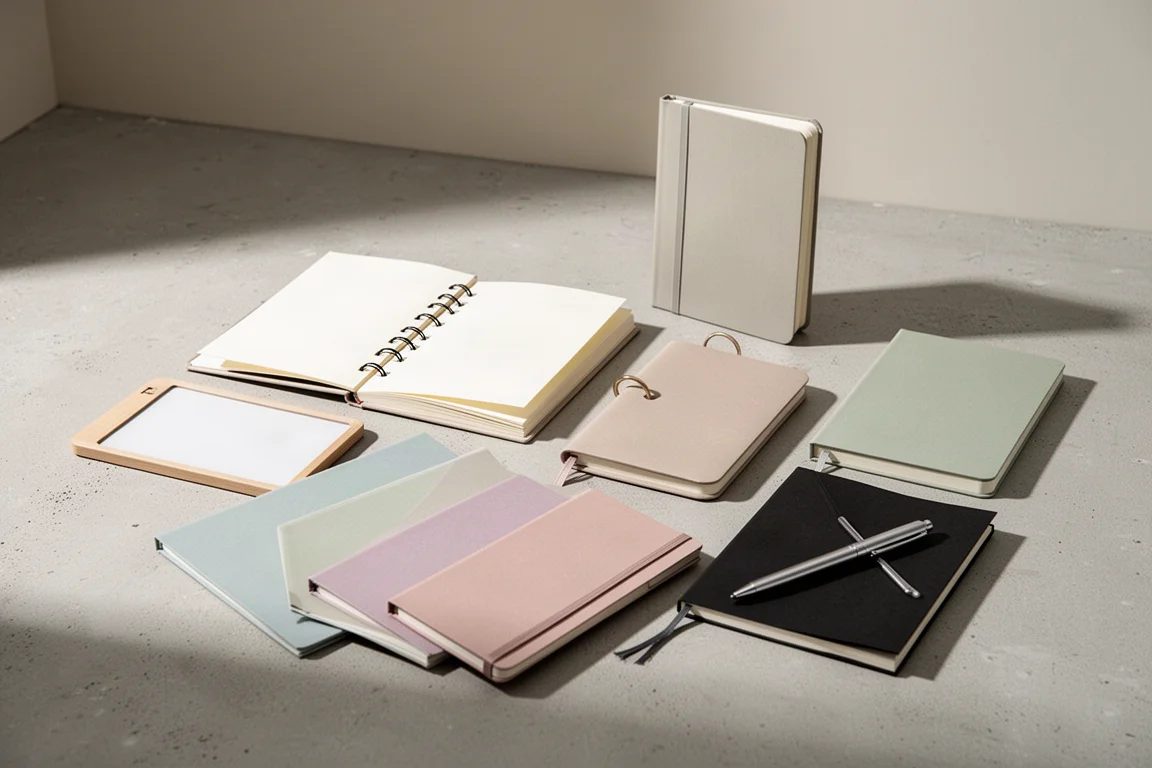 Assortment of ten Japanese notebooks in various styles arranged on a concrete surface