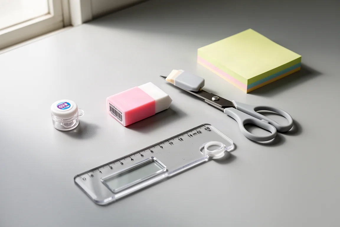 Flat-lay of Japanese stationery tools including glue, eraser, scissors, ruler, and sticky notes on a grey desk