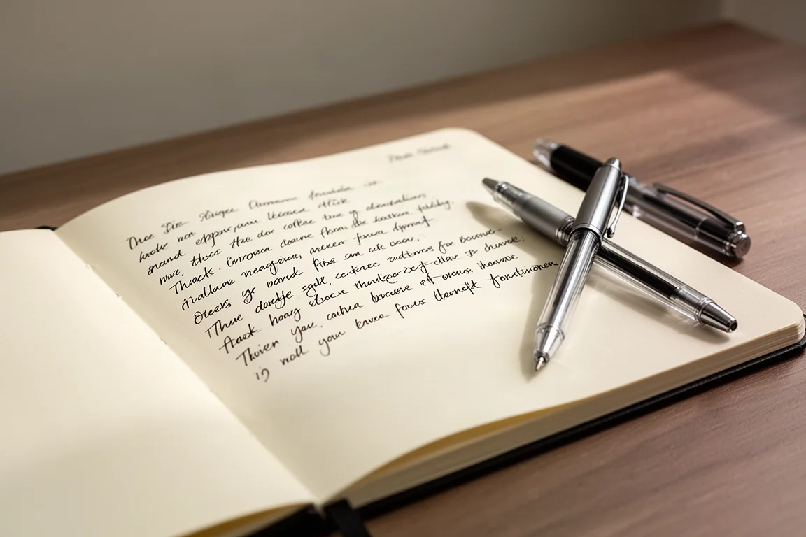Handwriting in a notebook with a gel pen on a wooden desk