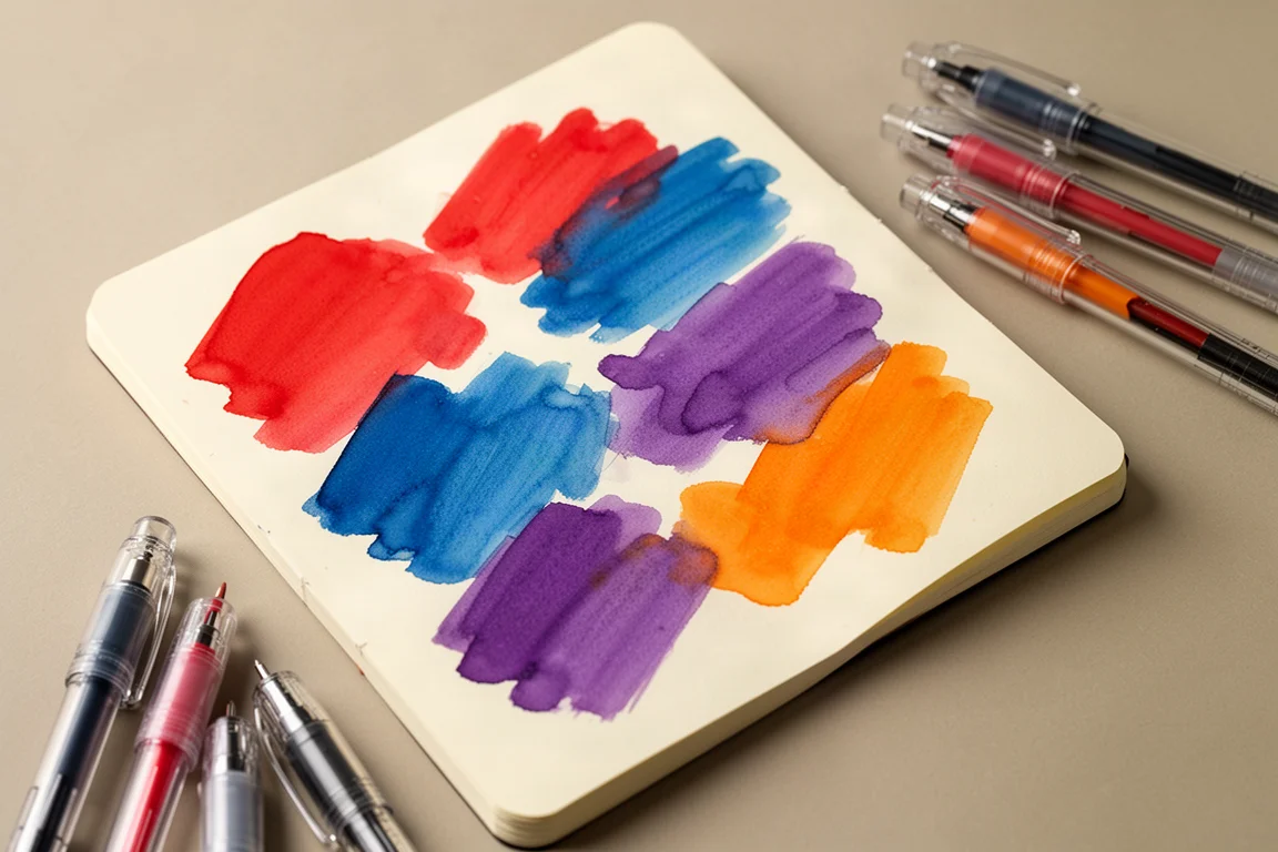 Colorful gel pen swatches drawn across a notebook page