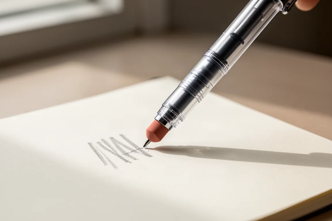 A pen with a rubber eraser end being used on a notebook page