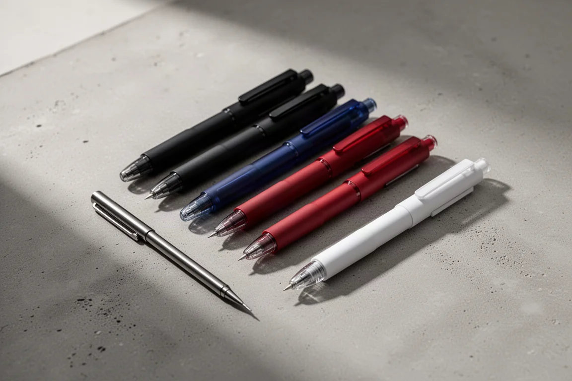 Assortment of Japanese gel pens arranged on a matte concrete surface