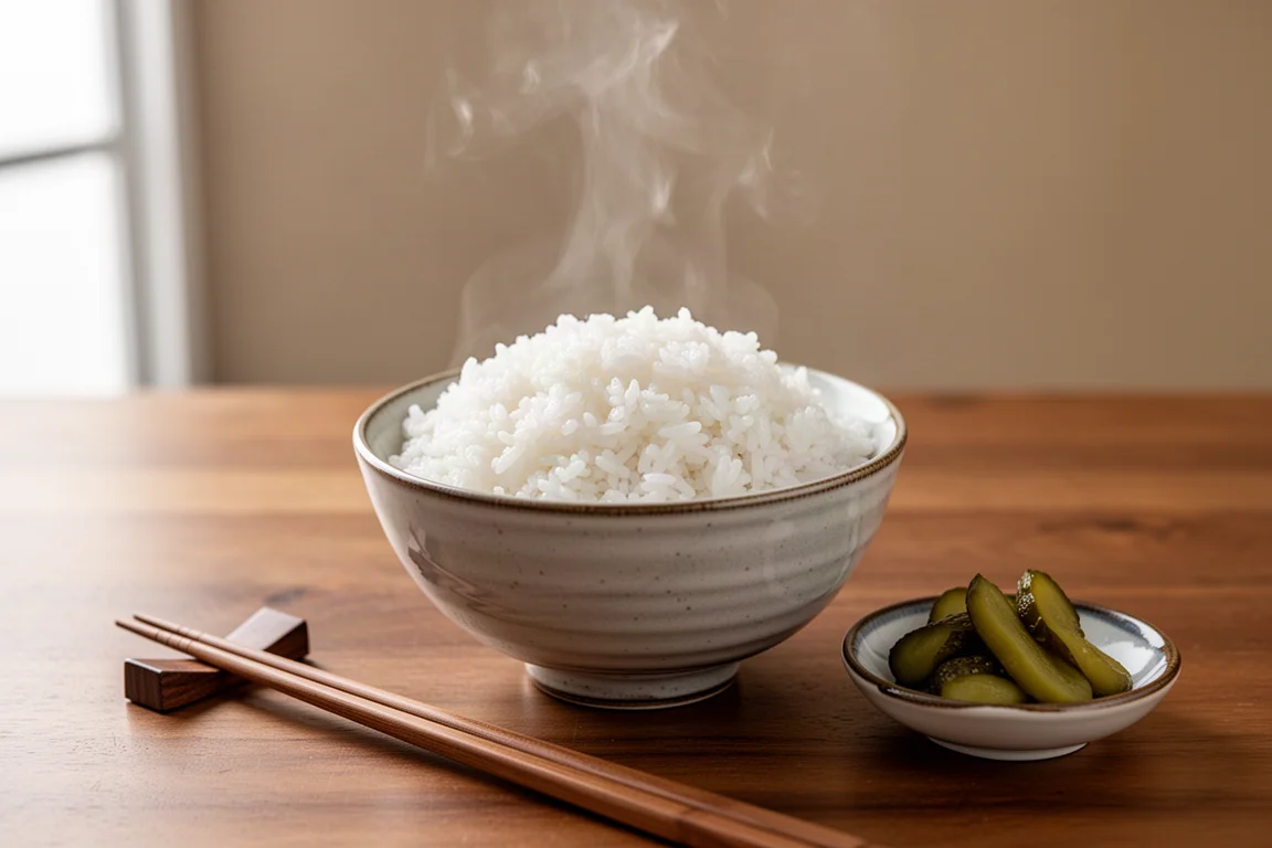 Steam rising from a bowl of freshly cooked white rice on a wooden table