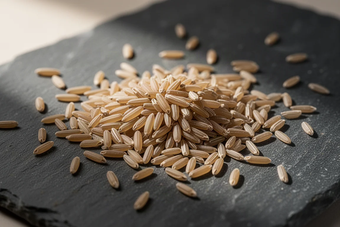 Brown rice grains scattered on a dark stone surface in soft light