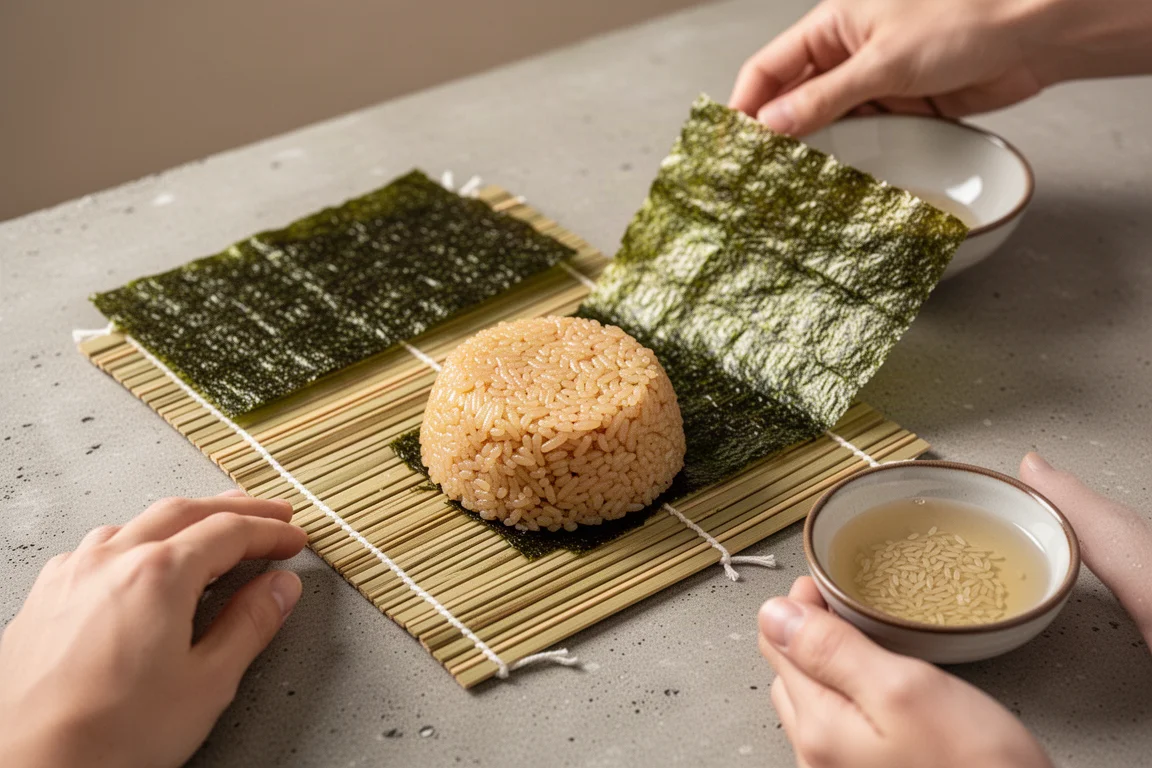 Hands shaping sticky rice into a small mound with a bamboo mat nearby