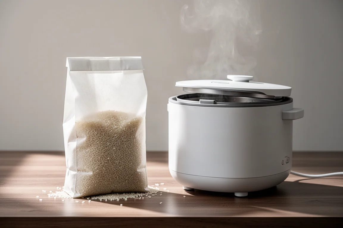 Japanese rice packaged in an unbranded white sack beside a rice cooker