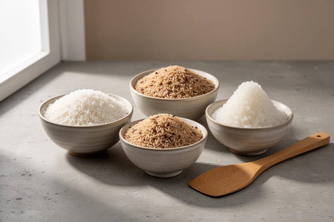 Three bowls of white, brown, and sweet rice on a concrete surface