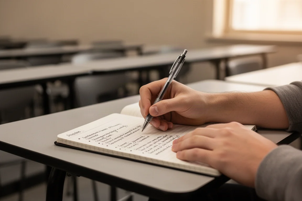 Student som skriver i en anteckningsbok vid ett skrivbord i en föreläsningssal