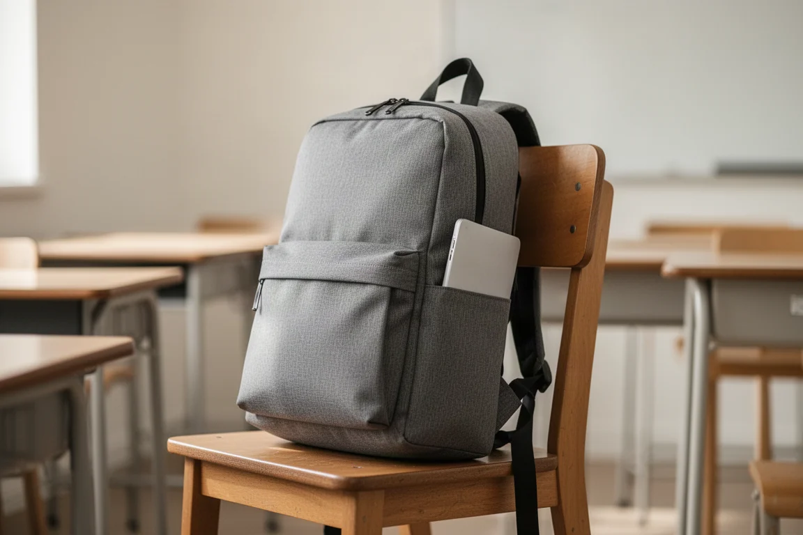Ryggsäck som lutar mot en stol i ett klassrum