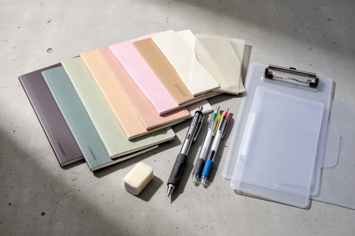 Flat-lay of notebooks, pens, eraser, and folder on a concrete surface