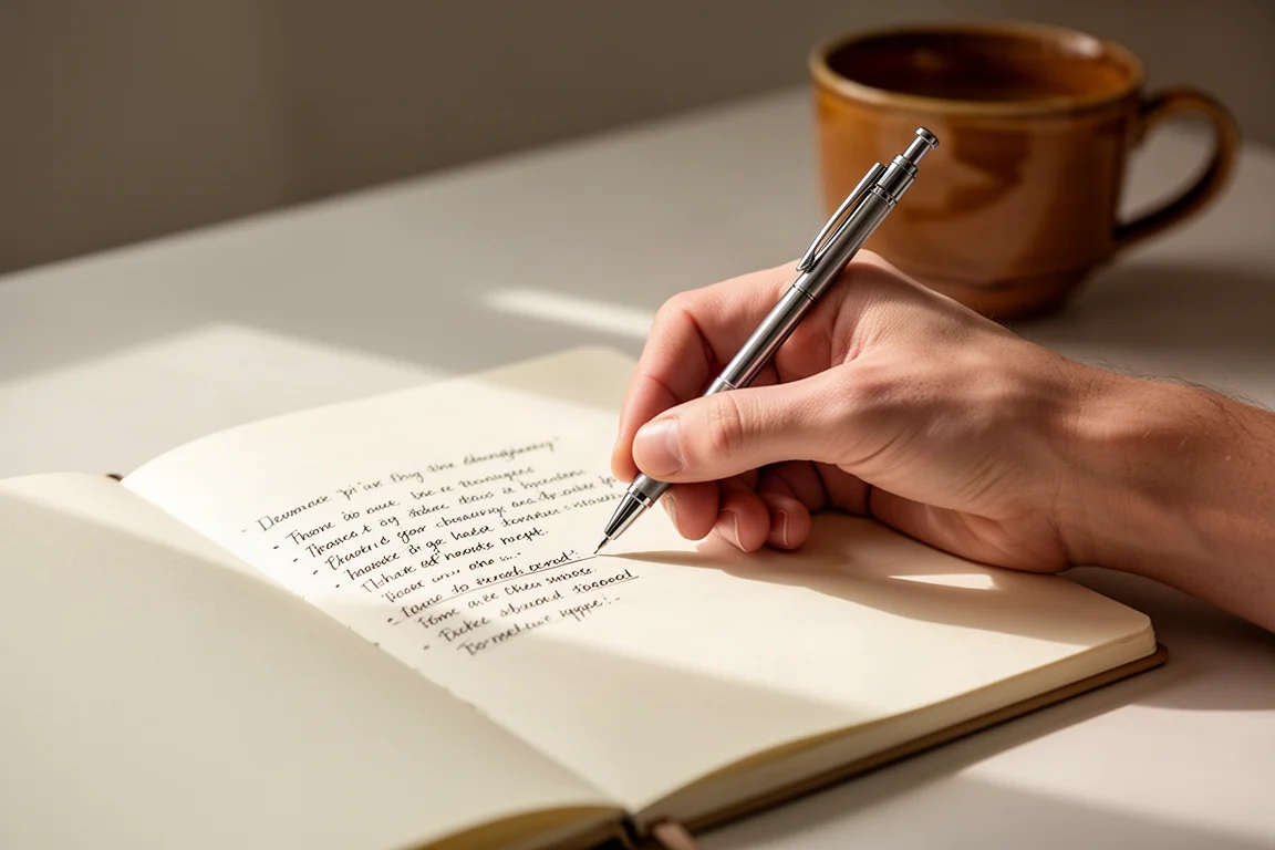 Hand schrijft vloeiende notities met een vulpotlood op crèmekleurig notitiepapier